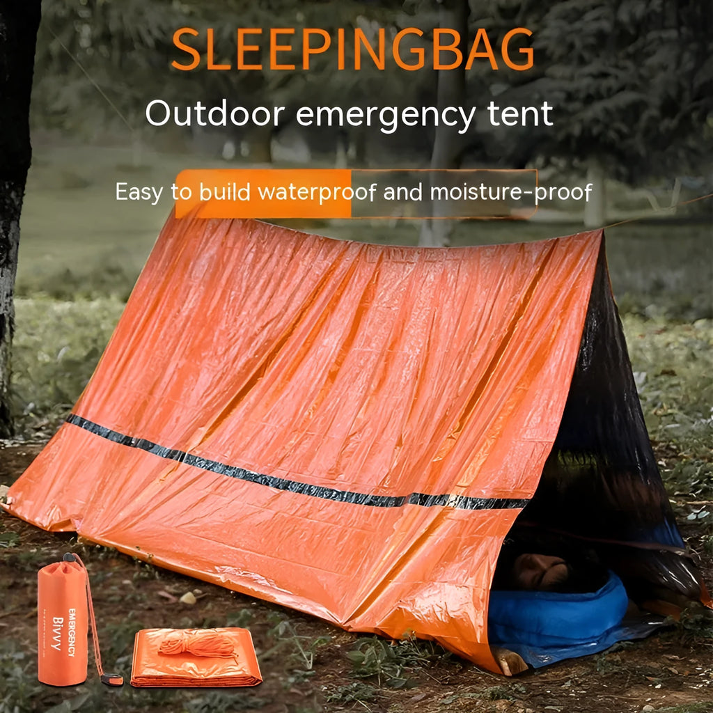 Orange portable disaster relief tent with sleeping bag and emergency blanket for outdoor shelter