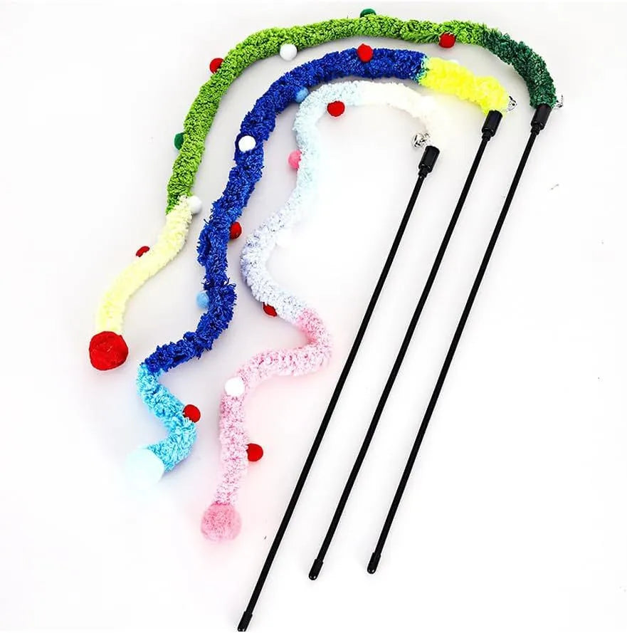 Cat wand toy with long plush strip and colourful ball with bells on 41cm pole
