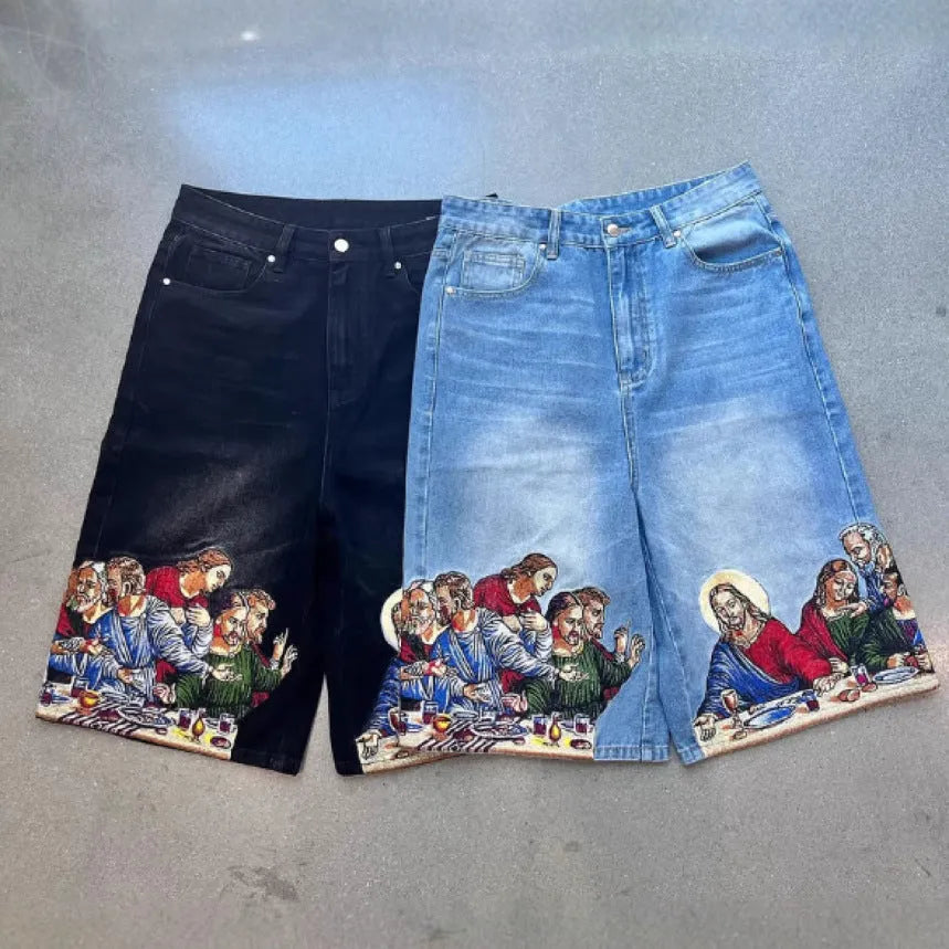 Blue men's casual cotton shorts with a Jesus design printed on the back pocket.