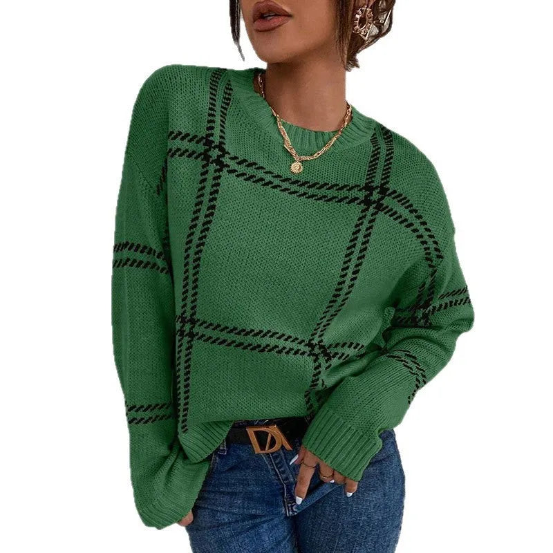 Women's loose fit plaid pullover sweater with apricot, black, beige, red, and green colour-block stripes