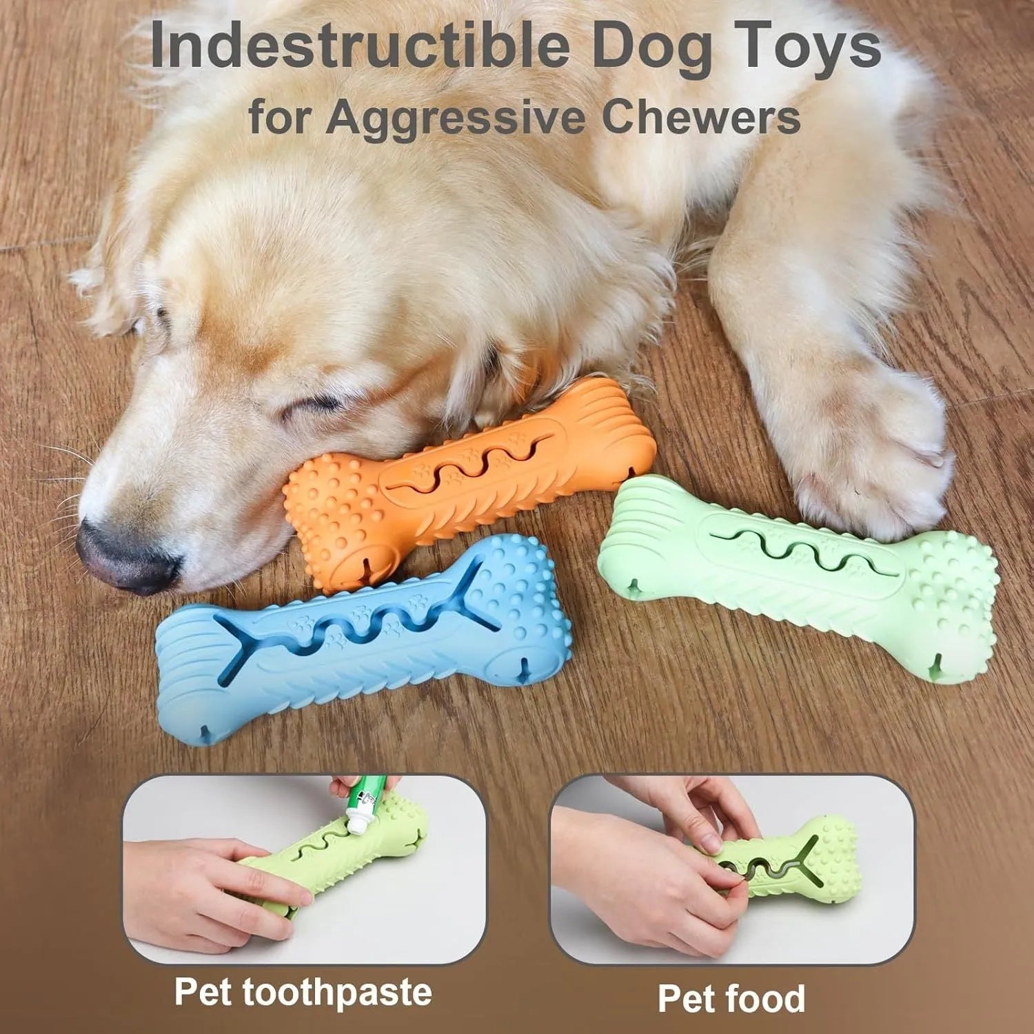Blue, green, and orange natural rubber bone-shaped dog chew toy for aggressive chewers.