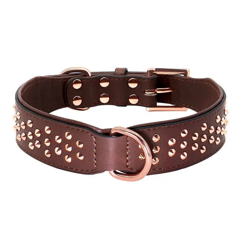 Leather dog collar with brass rivets in black, chocolate, or pink colour options for medium and large dogs.