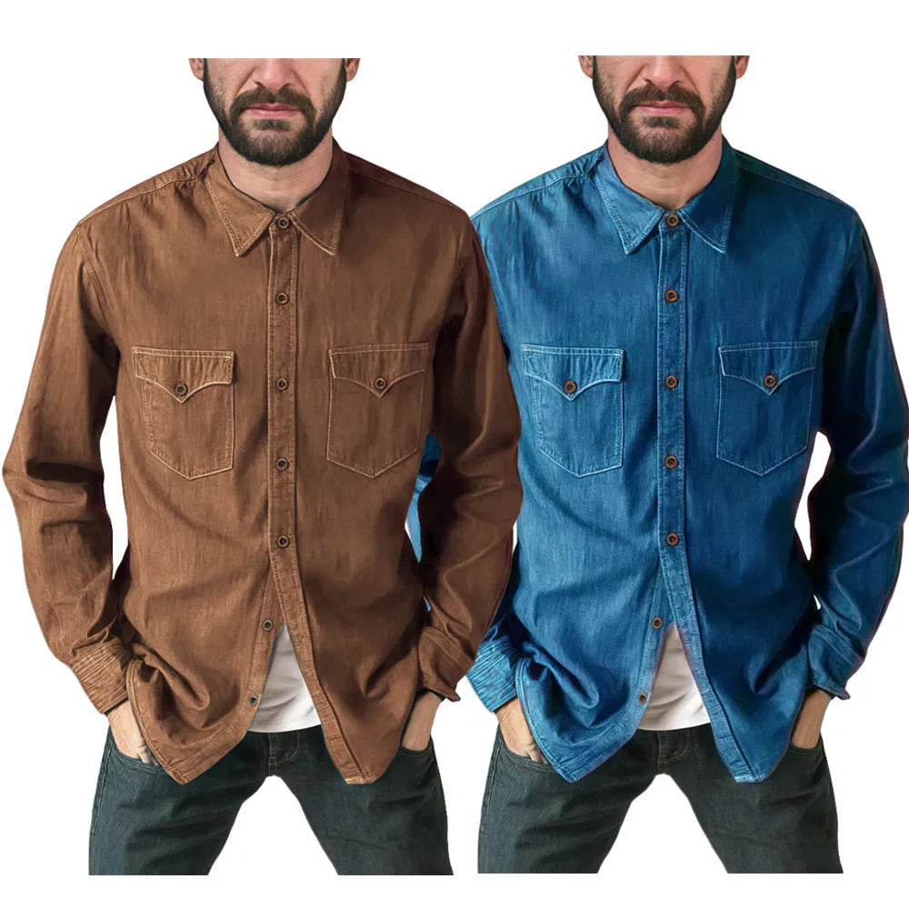 Cotton denim cardigan coat on a hanger, shown in khaki, black, blue, and grey colour options.