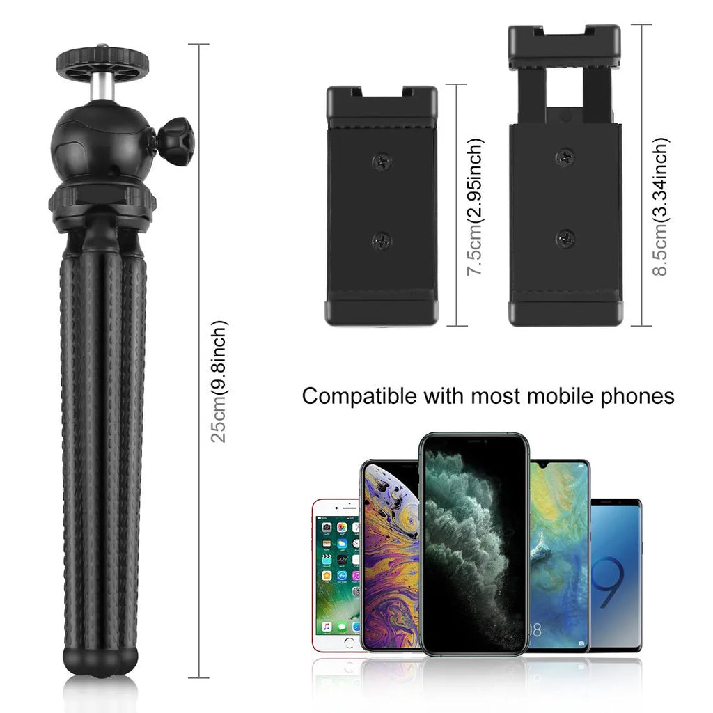 Black octopus tripod kit with flexible legs, fill light, and microphone for iPhone live streaming