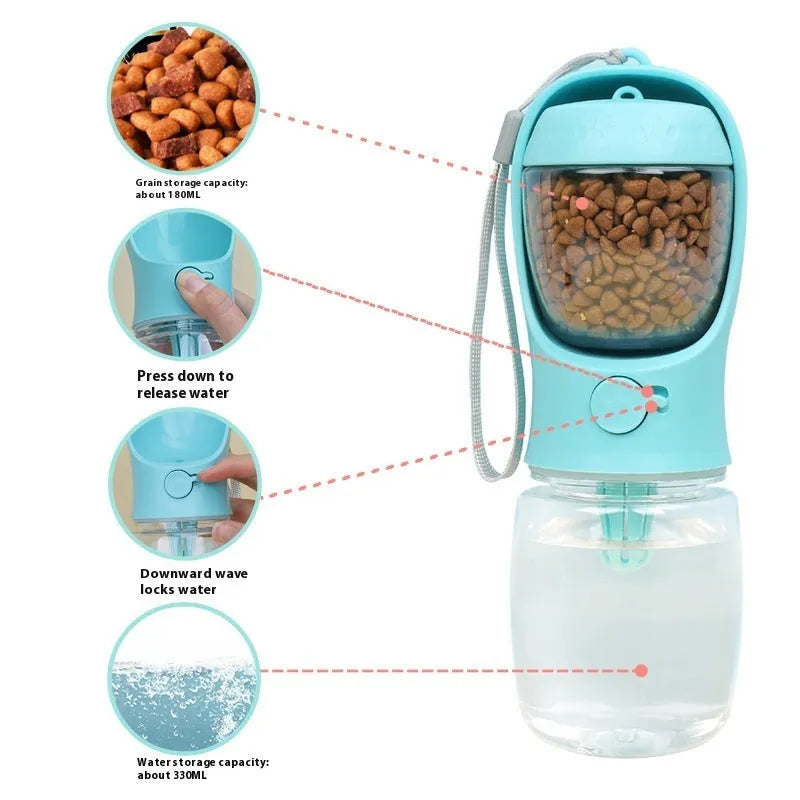 Blue plastic portable dog drinking cup with integrated food storage compartment for walks and travel
