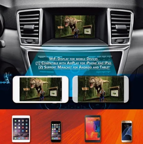 Black car mirror link box Wi-Fi converter with power cable, antenna, AV cable, and manual for smartphone car entertainment
