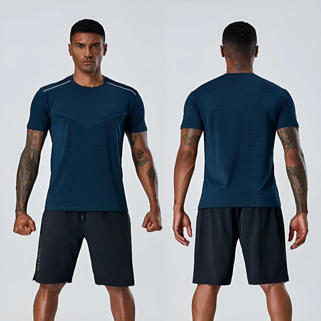 Quick-drying polyester T-shirt for men and women in Army Green, size M, flat lay on neutral background