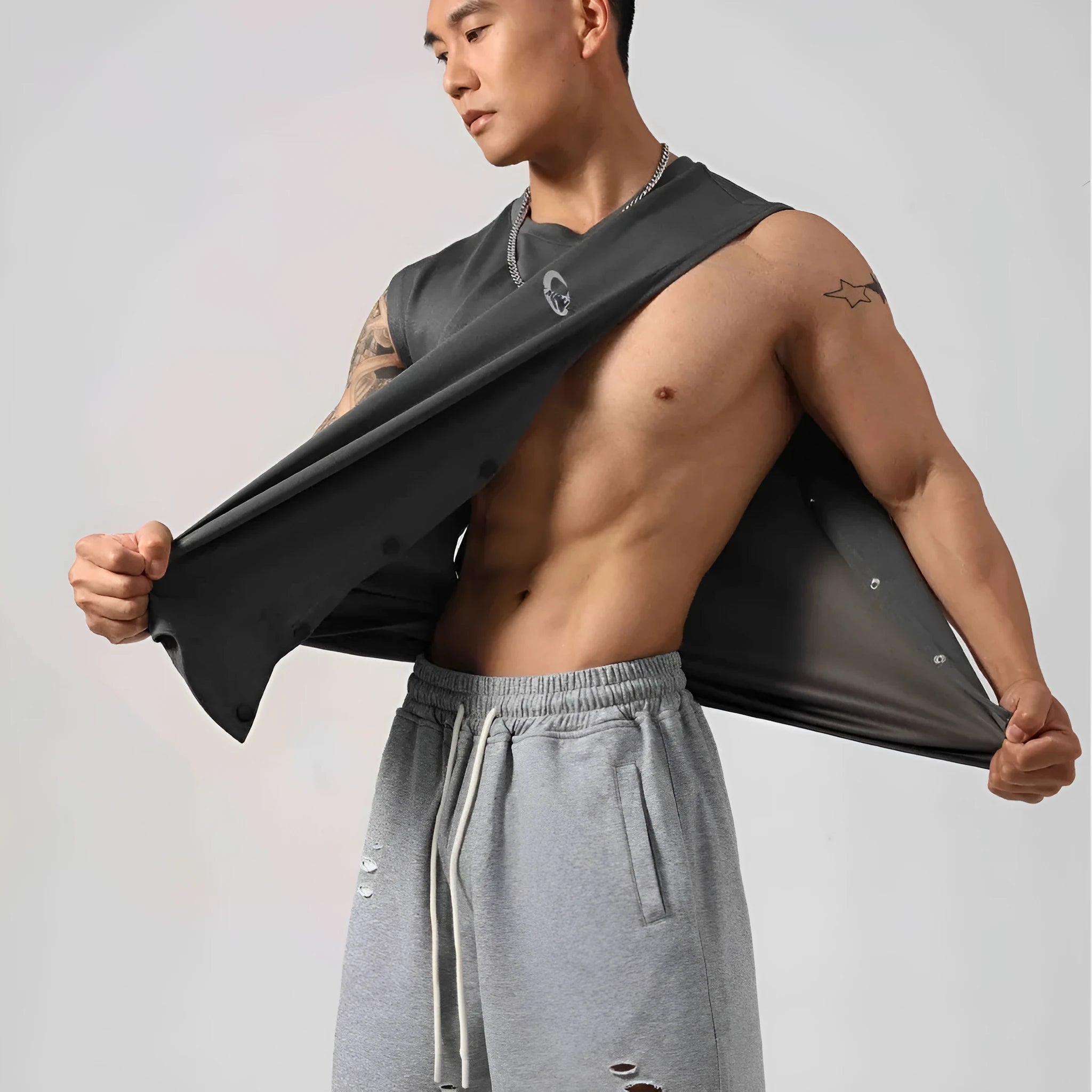 Men's loose grey cotton fitness vest with a hidden hook opening at the front.