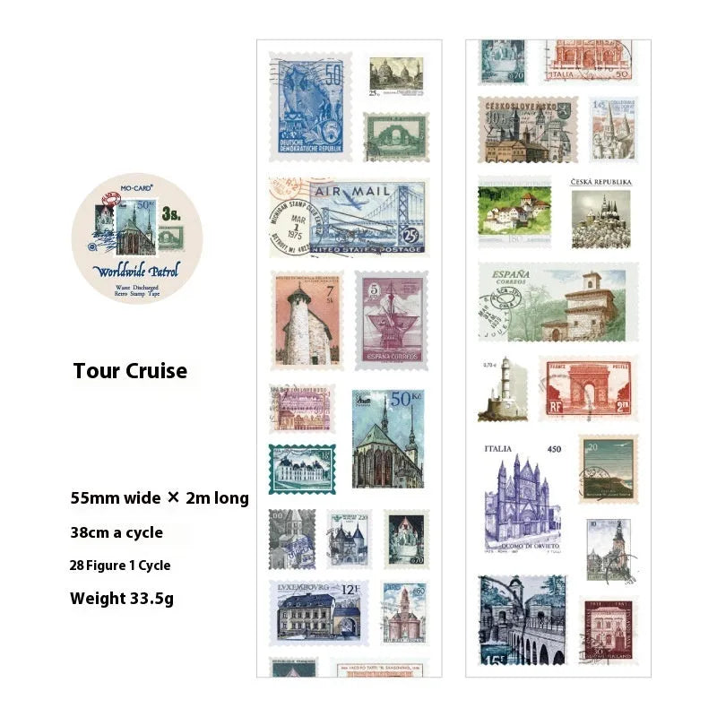 Roll of retro-design coated paper stamp stickers for journal decoration, showing one of four themed collections.