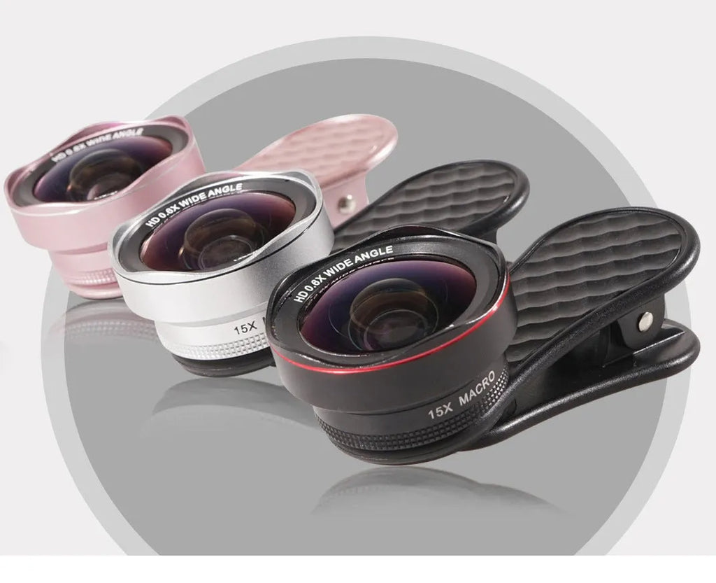 LQ-046 smartphone lens kit showing wide-angle and macro lenses, phone clip, and storage box in black.