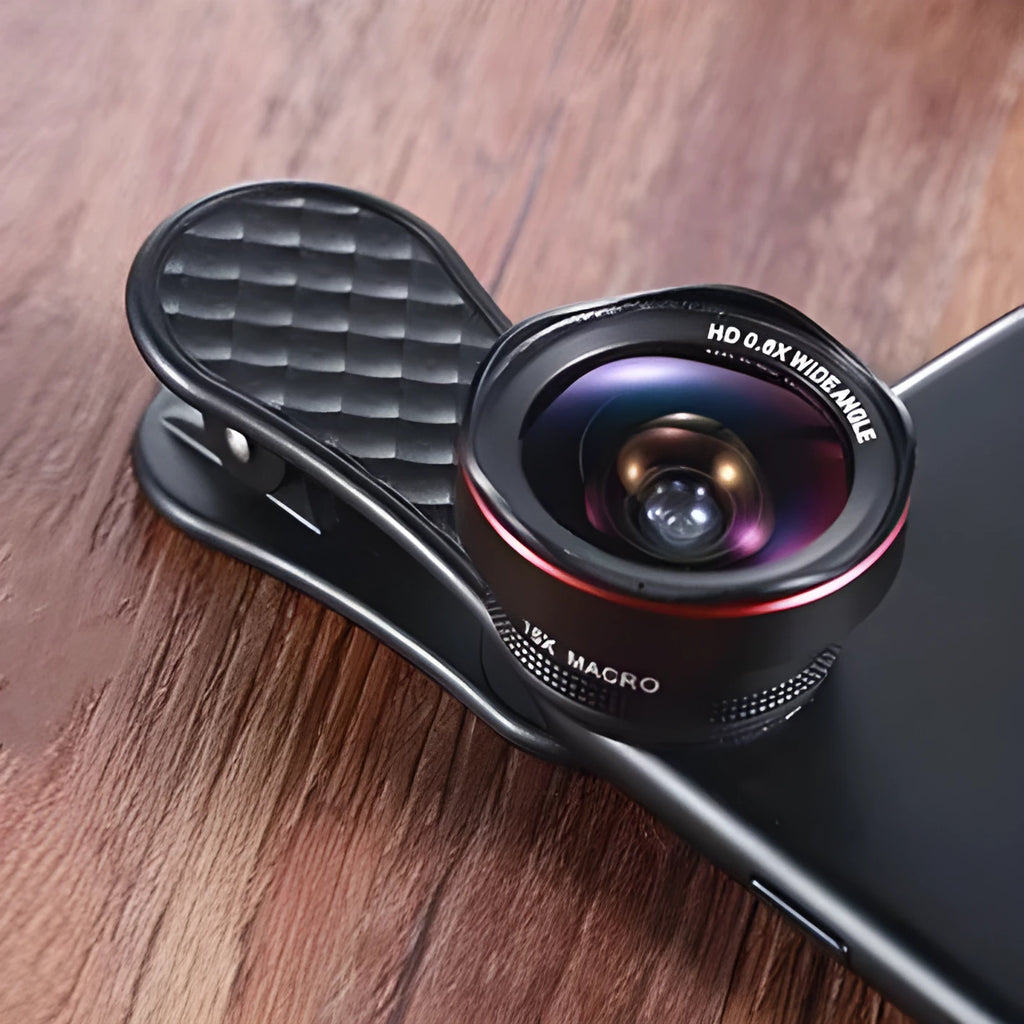 LQ-046 smartphone lens kit showing wide-angle and macro lenses, phone clip, and storage box in black.