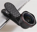 LQ-046 smartphone lens kit showing wide-angle and macro lenses, phone clip, and storage box in black.