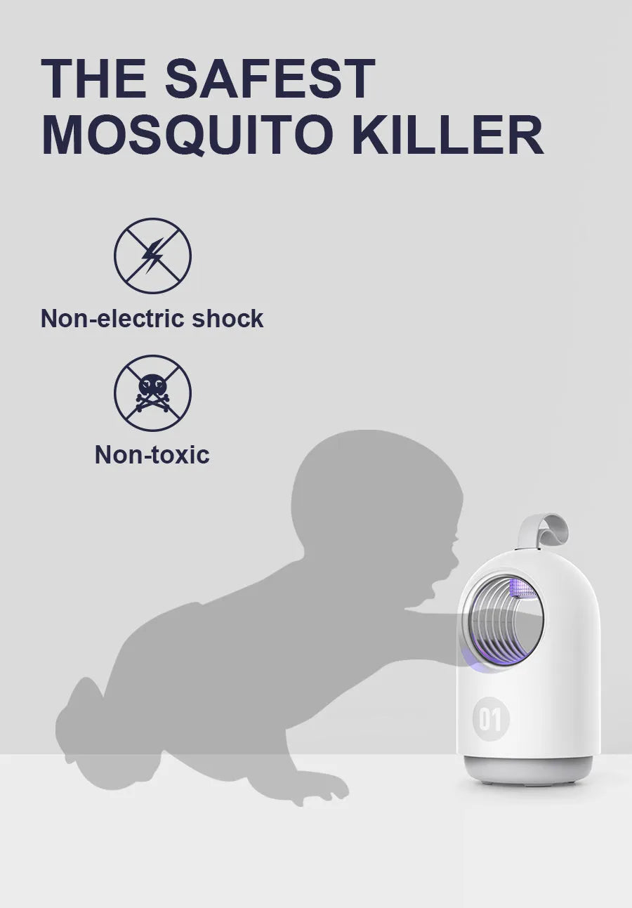 Blue or white indoor mosquito killer lamp with UV light, USB port, and silicone carry handle.