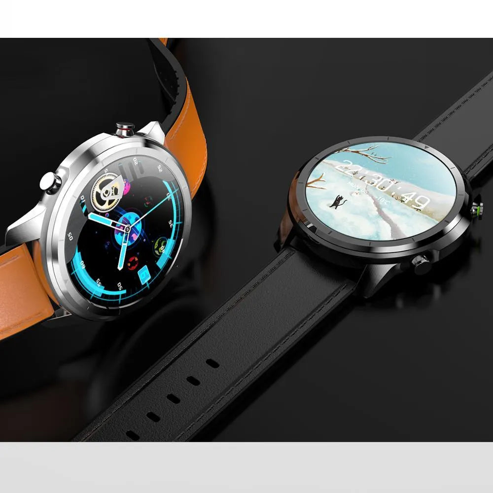 LEMFO LF26 smart bracelet in brown and black with 1.3-inch touchscreen displayed.