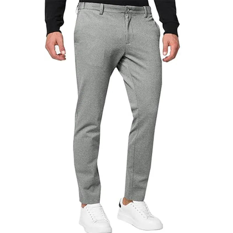 Men's slim-fit tapered chino trousers in a cotton blend fabric, shown in solid colour options.