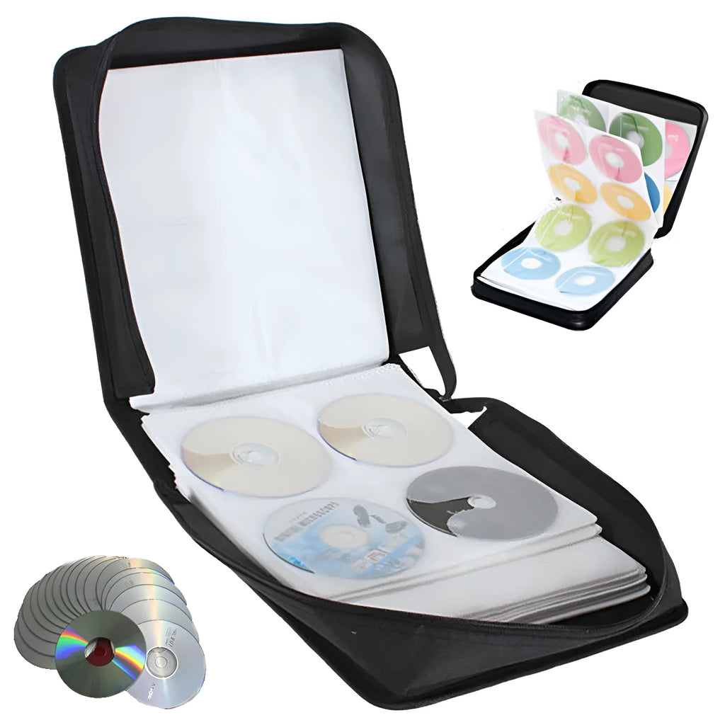 Black Oxford fabric CD storage organiser binder with zipper closure and top hand strap