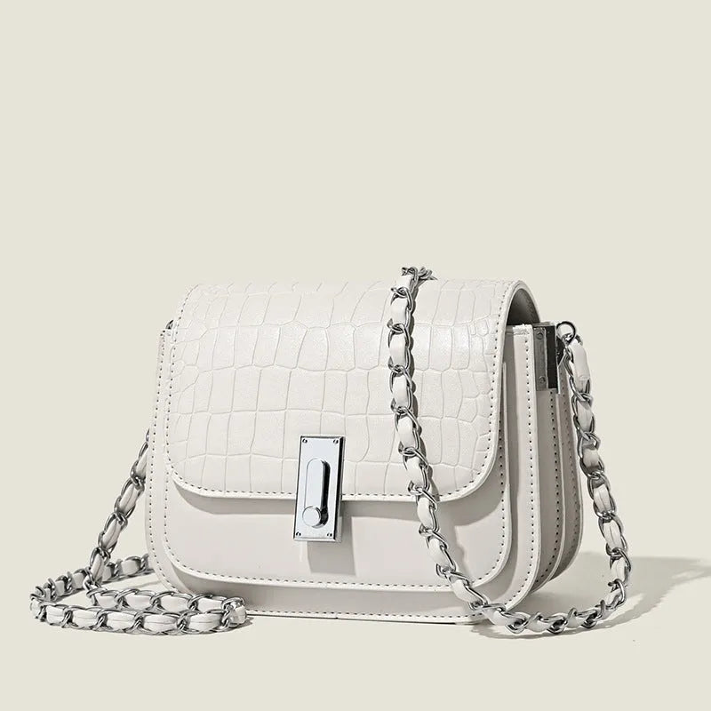Soft PU women's chain shoulder bag in horizontal square design with sandwich pockets