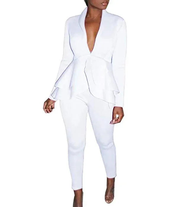 Women's white polyester business suit with ruffled sleeve detail and matching pencil pants.