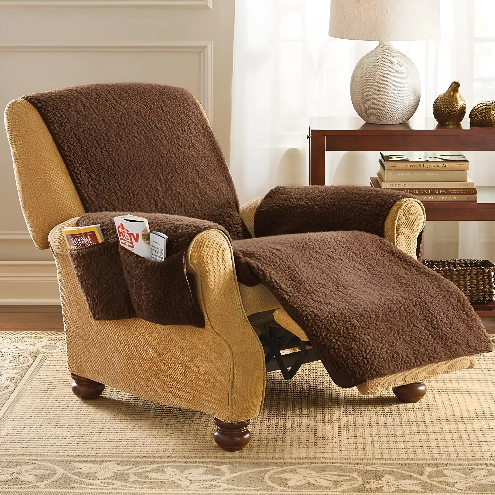 Polyester sofa slipcover in lambswool beige colour on a sofa, showing universal fit.