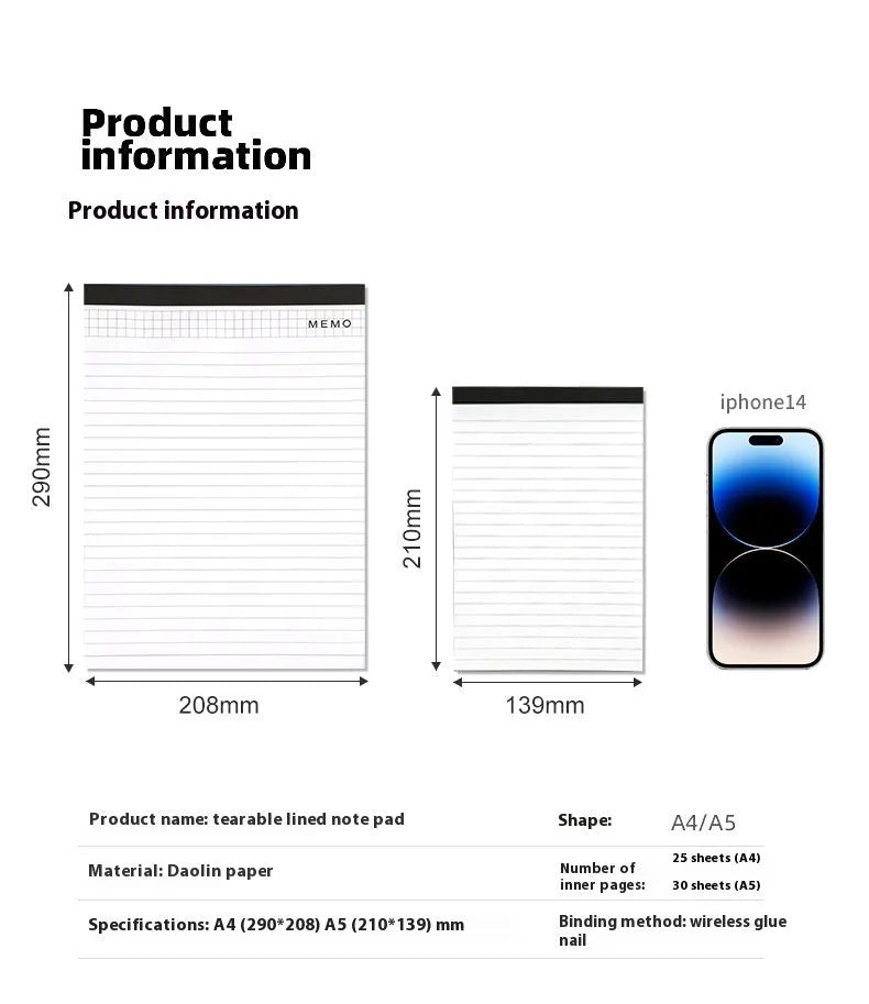 A4 tearable notebook with wireless adhesive binding, showing grid and lined page options