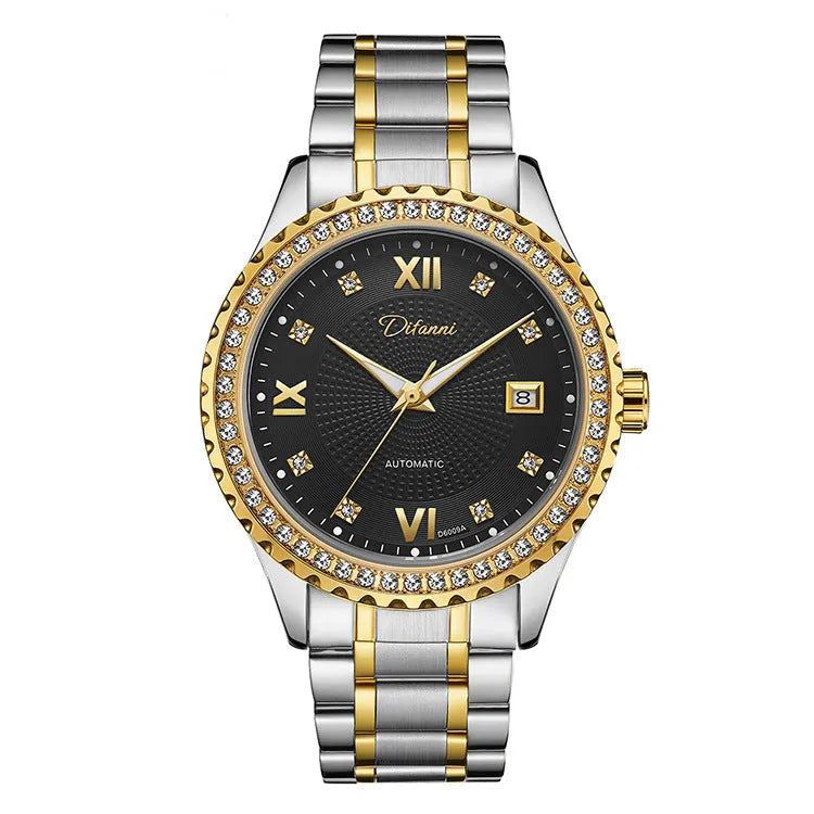 Fashionmonger gold and silver automatic mechanical watch with luminous hands on a black or white dial.