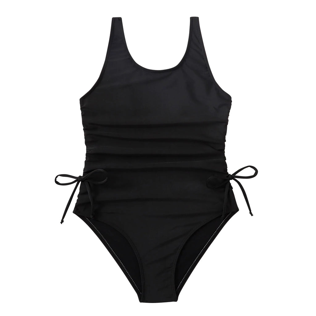 Children's solid black pleated tie swimsuit briefs in polyester spandex for swimming and wading