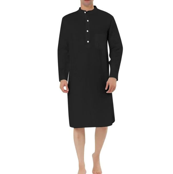 Men's cotton shirt robe with front pocket in various colour options on a hanger.
