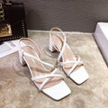 Women's apricot thick heel sandals with a high backless open design and rubber sole.