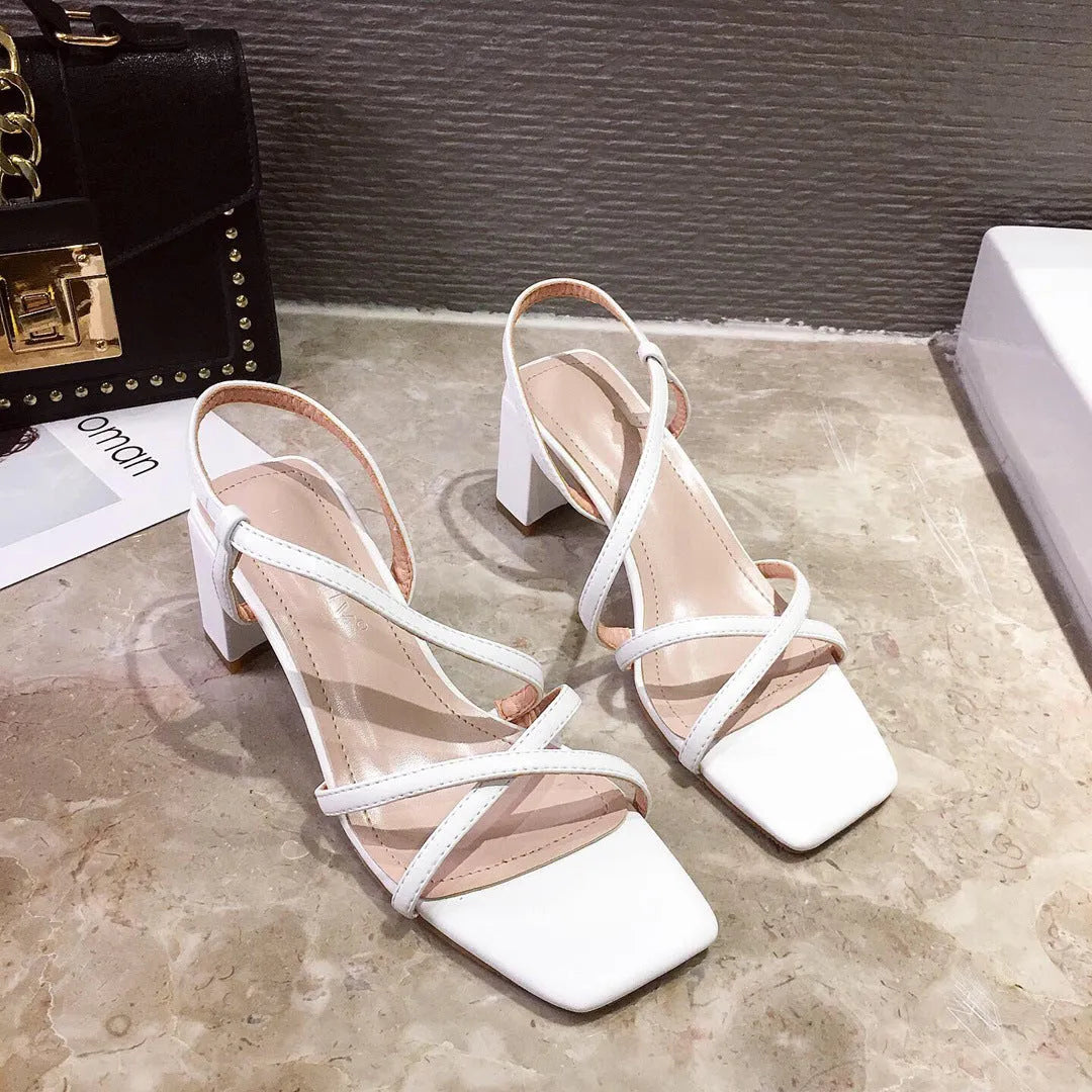 Women's apricot thick heel sandals with a high backless open design and rubber sole.