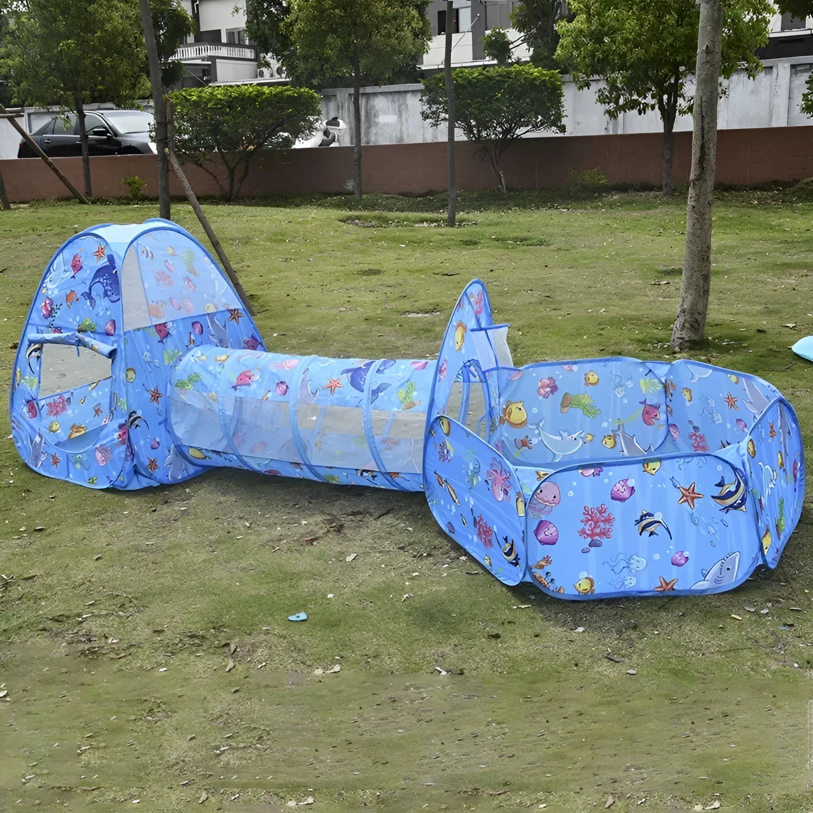 Underwater World themed children's cloth tent with integrated ball pool and crawl tunnel.