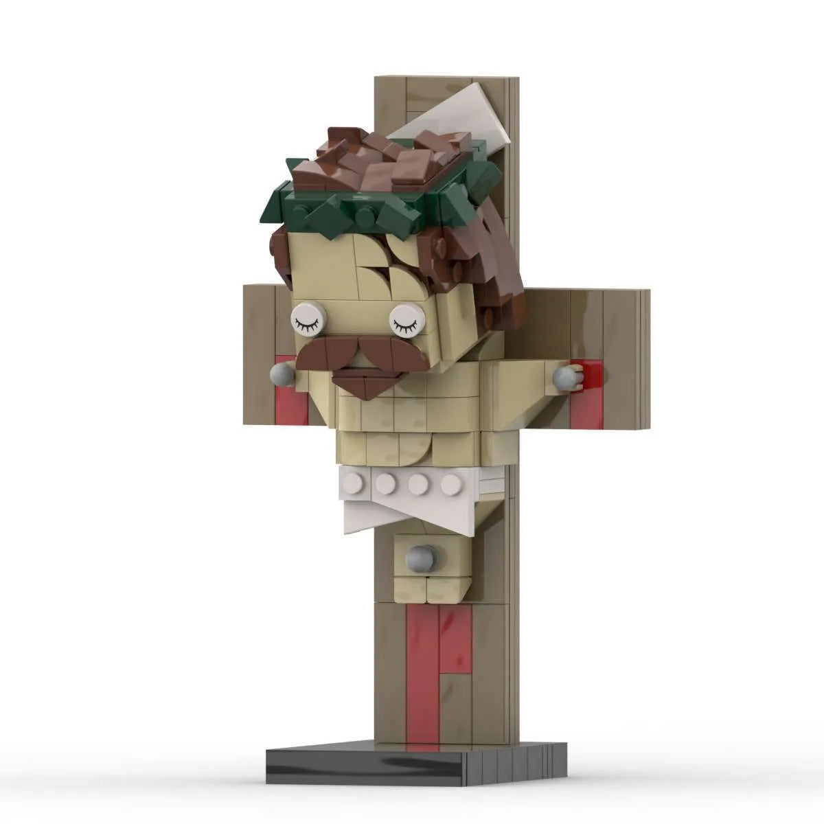 Jesus cross building block toy made from interlocking plastic pieces in a net pocket