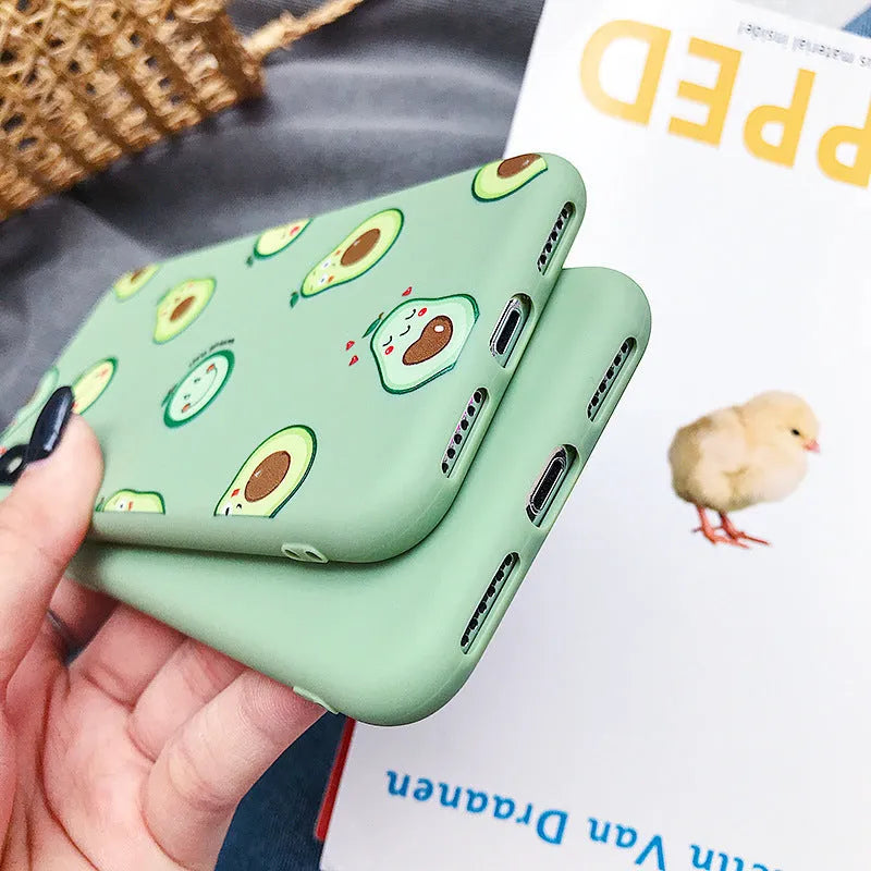 Cartoon-style avocado design on a green flexible TPU back cover for an iPhone