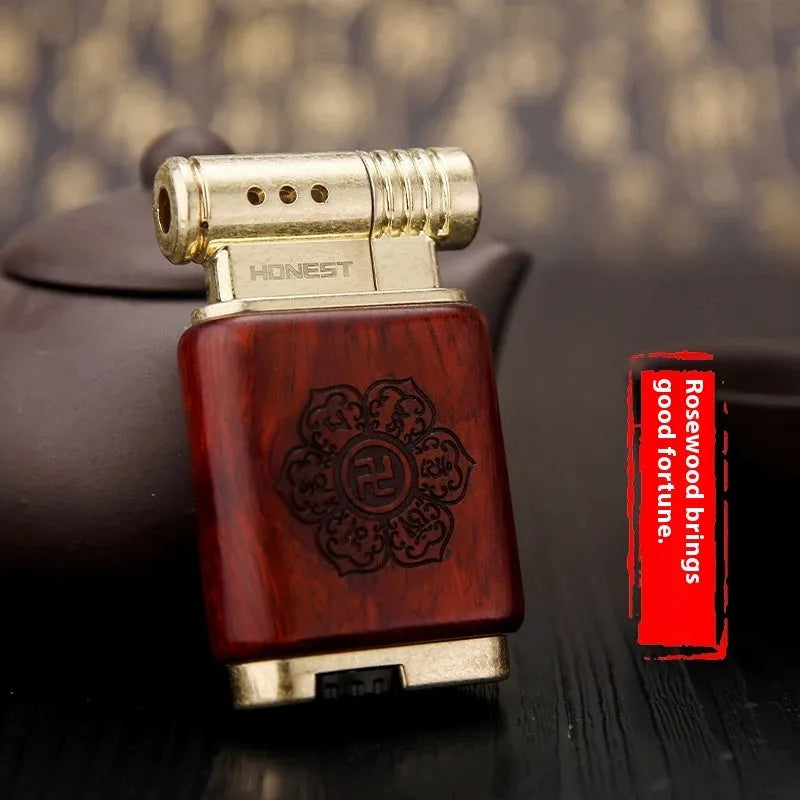 Decorative metal gas lighter with detailed Black Wood and Rosewood finish designs.