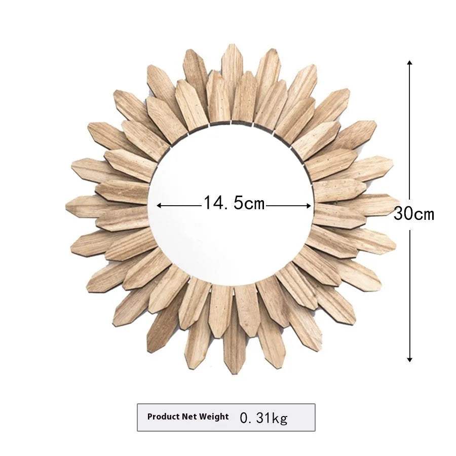 Circular wooden hanging mirror with a baked colour finish on a plain wall.