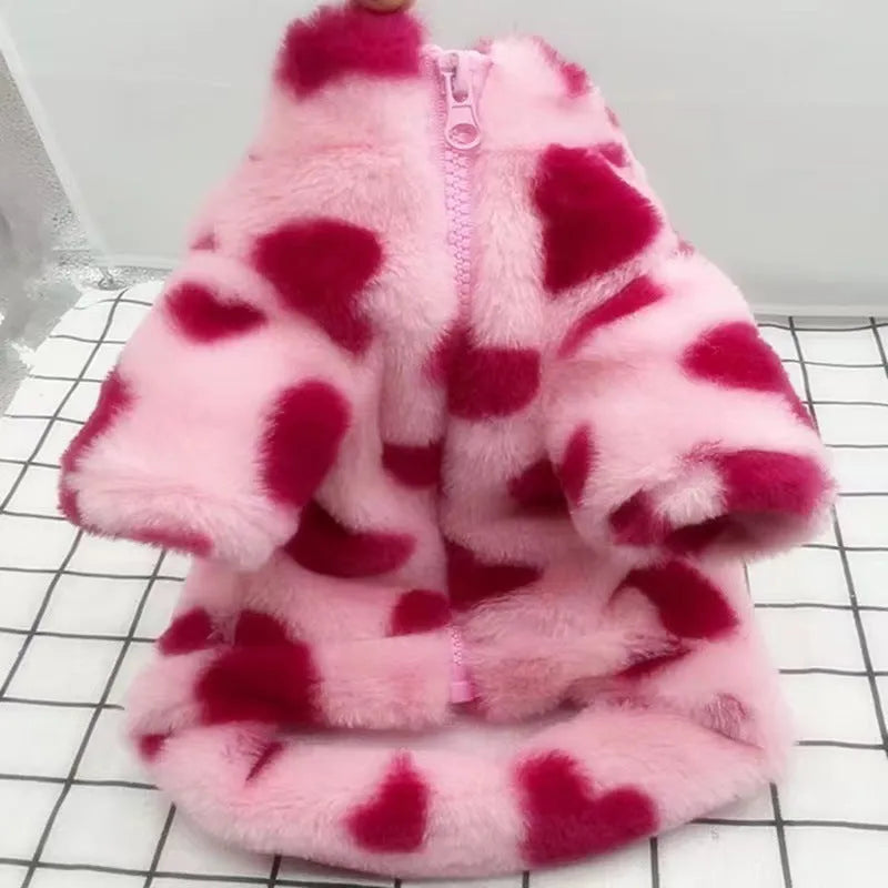 British-style polyester plush warm coat for small dogs in pink or brown colours