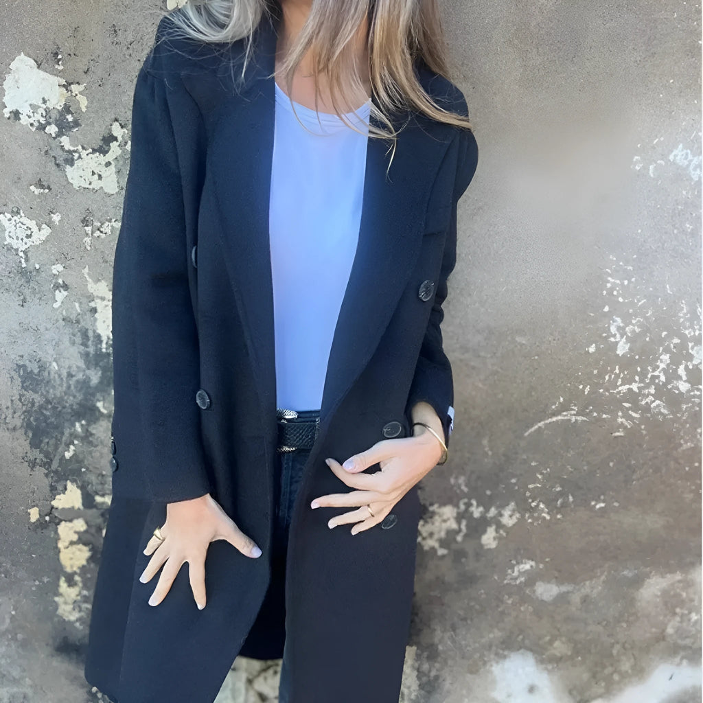 Women's mid-length lapel double-breasted casual jacket in polyester, available in black, white, and dark grey solid colours