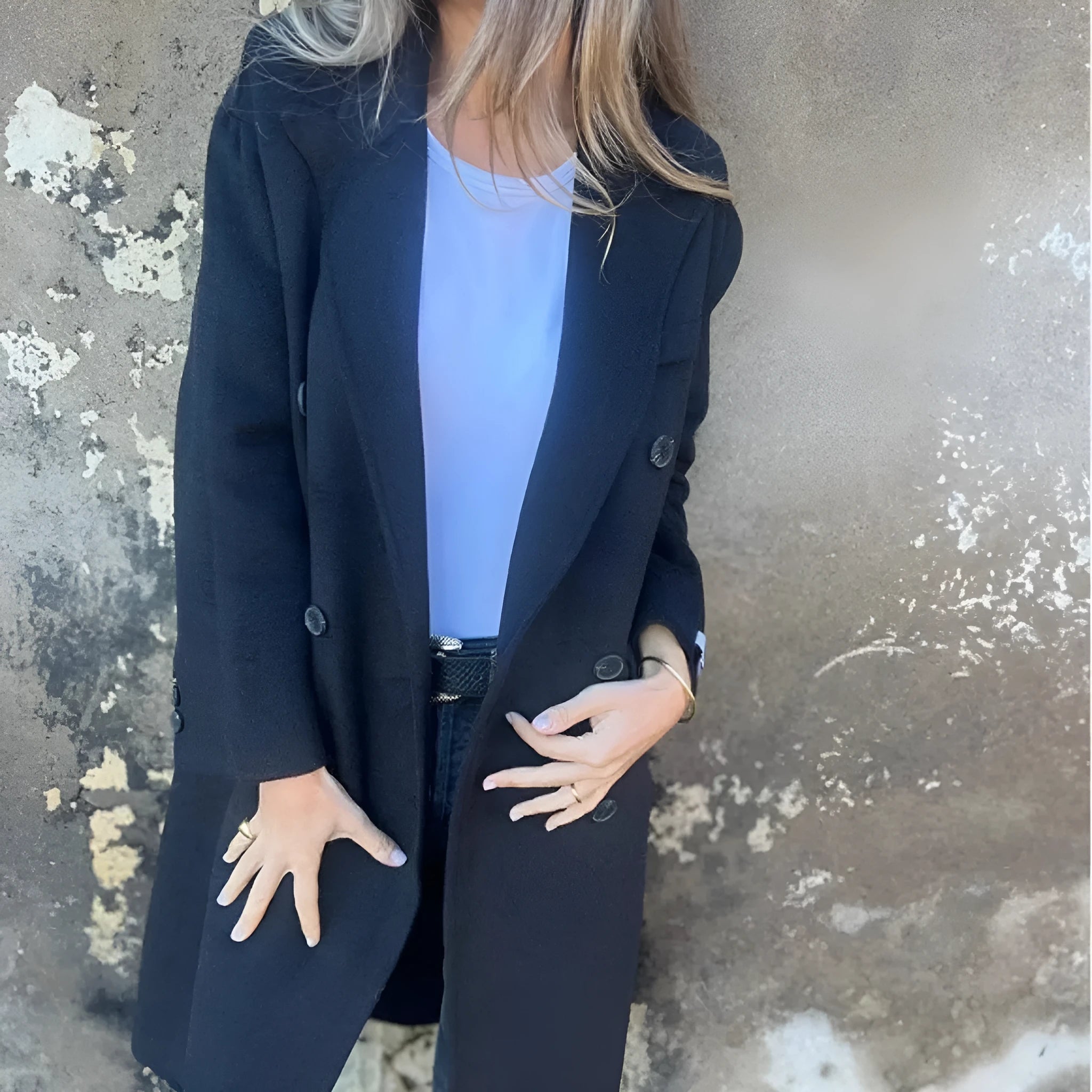 Women's mid-length lapel double-breasted casual jacket in polyester, available in black, white, and dark grey solid colours