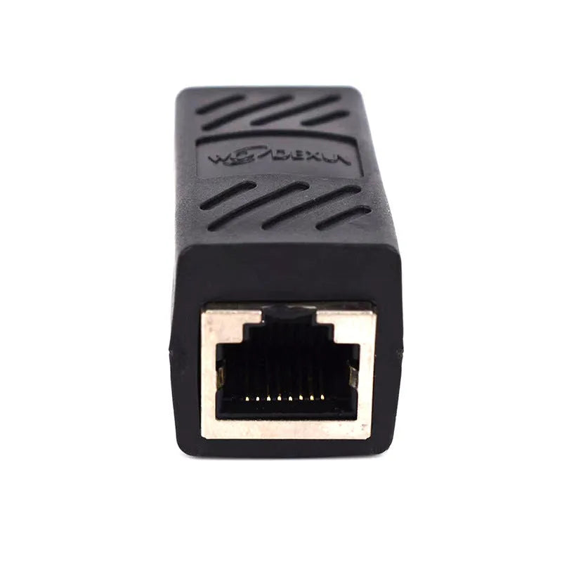 Black RJ45 network cable butt joint extender adapter with rotary union connector.