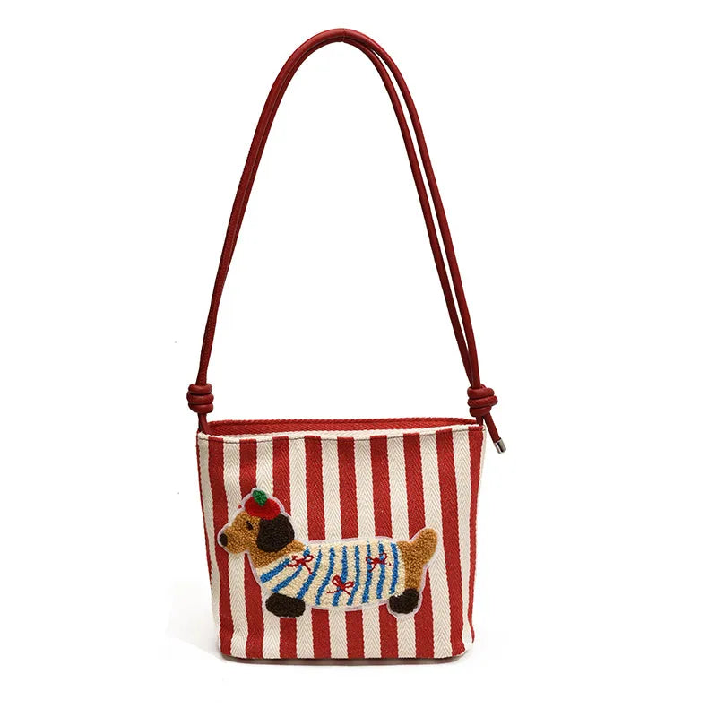 New Cartoon Sausage Dog Bucket Bag Autumn Texture Soft Polyester Crossbody Bag with Sewing Thread Detail Street Trend Shoulder Bag