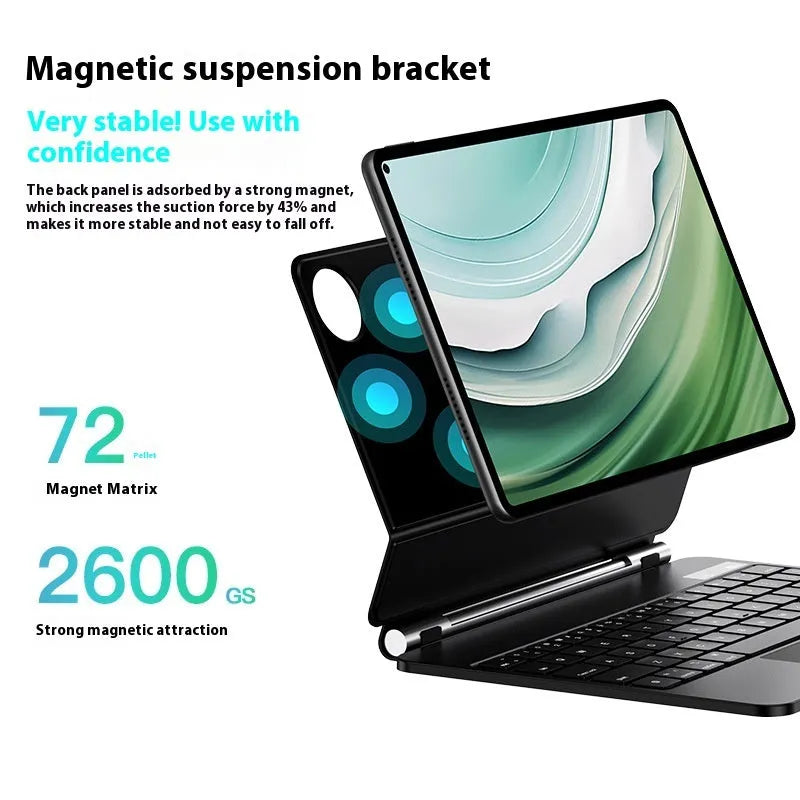 Black wireless keyboard cover attached to Huawei MatePad tablet showing magnetic connection