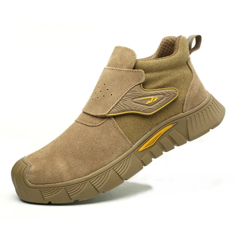 High-top black steel toe cap electric welding work shoes with lace-up front.