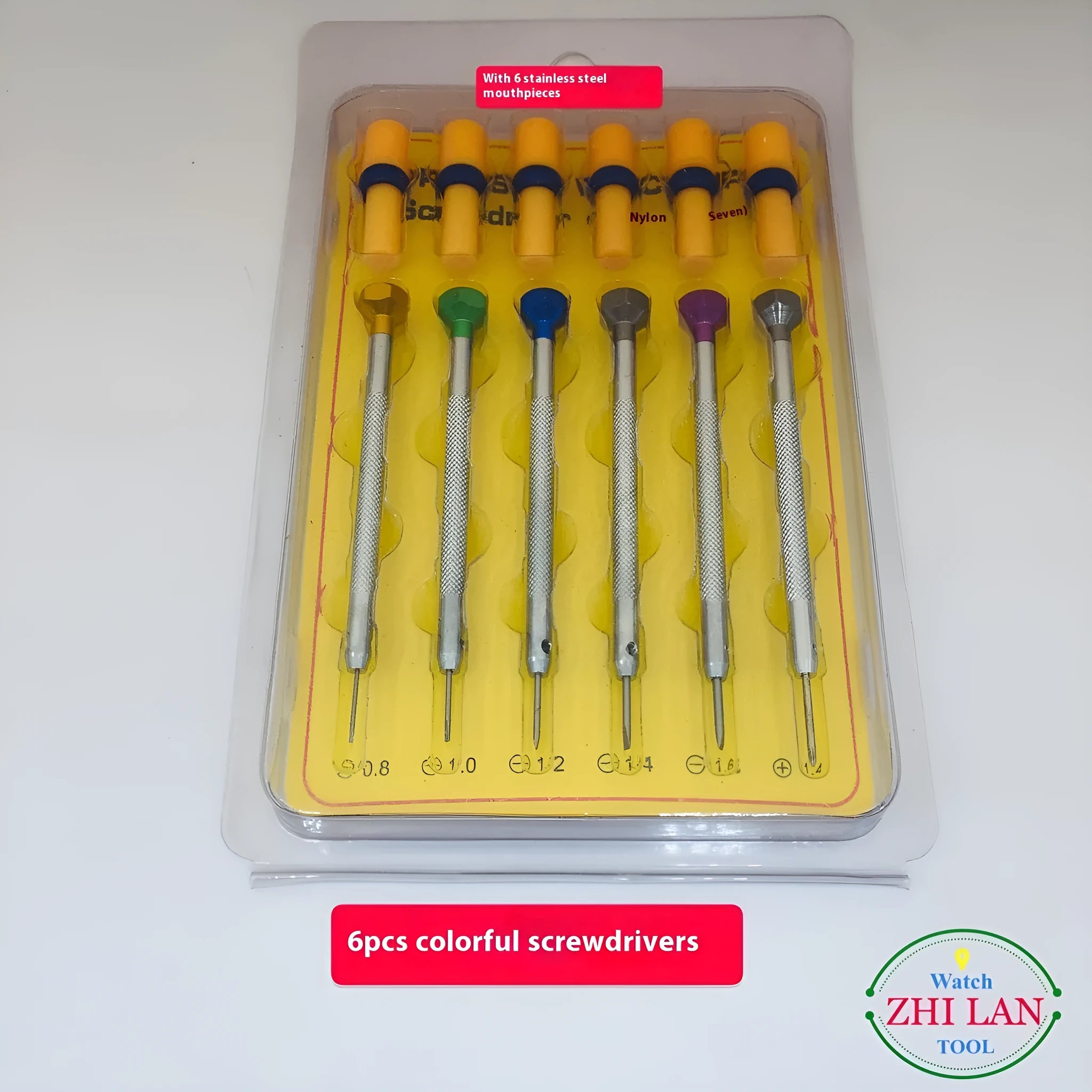Six colour-coded watch repair screwdrivers with copper handles in an aluminium case.