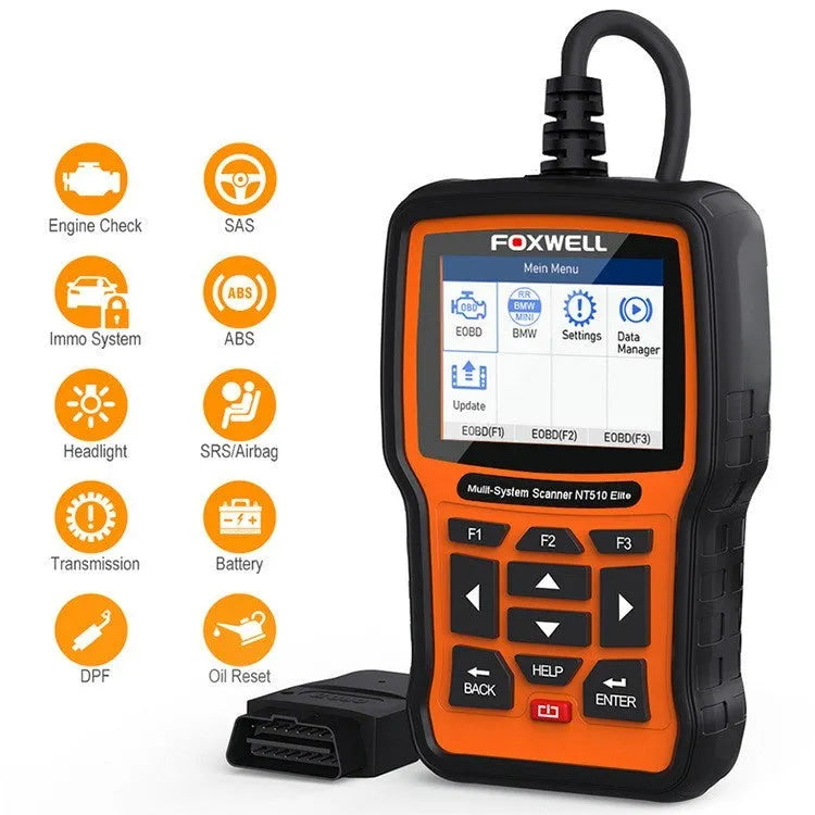 Foxwell NT510 orange and black automotive diagnostic scanner with data cable on workbench