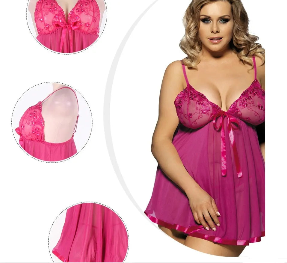 Women's purple polyester mesh sling dress lingerie with lace detailing in extended sizing