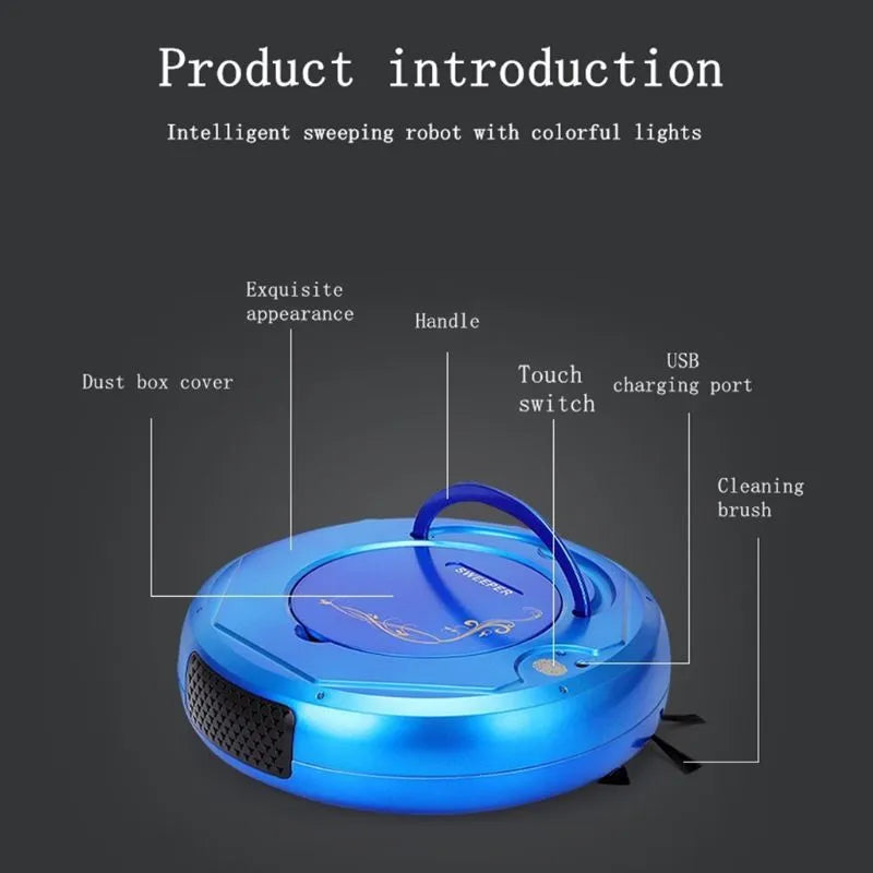 Lazy Smart robot vacuum cleaner in blue, black, or white on a hard floor