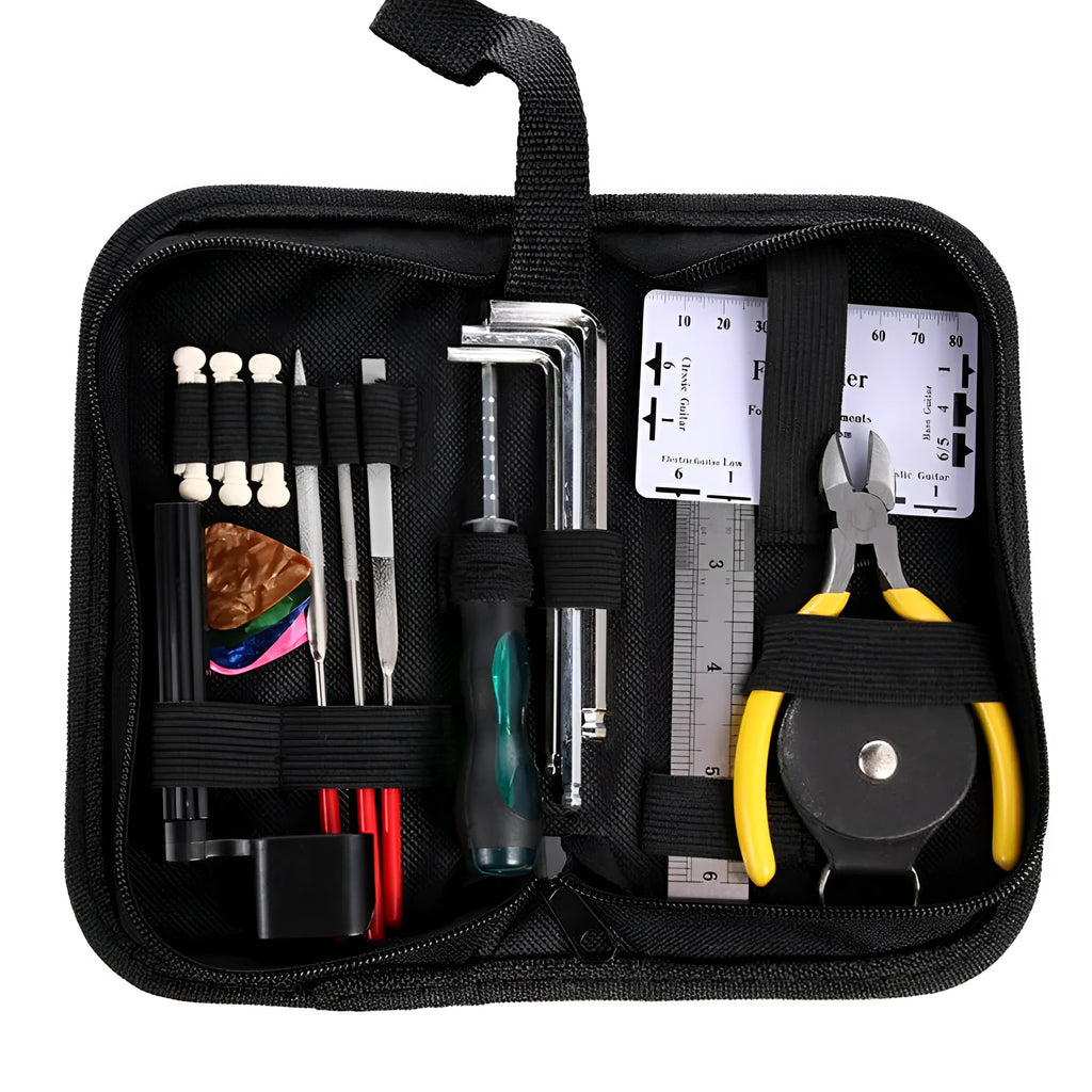 Black plastic and metal guitar repair tool kit for guitars, basses, mandolins, and banjos.