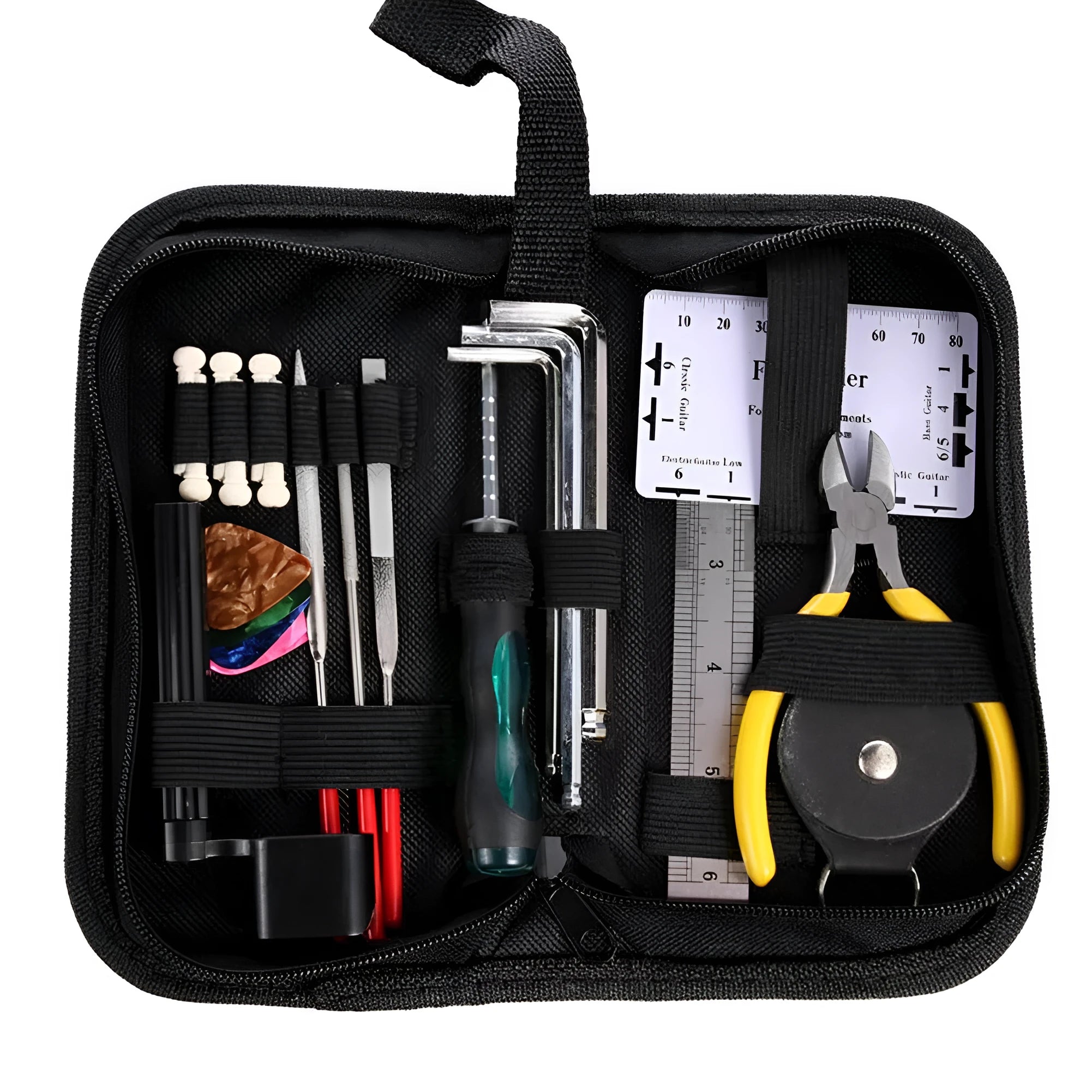 Black plastic and metal guitar repair tool kit for guitars, basses, mandolins, and banjos.