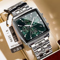 Men's square dial business watch with stainless steel strap on wrist, showing gold and blue colour option.
