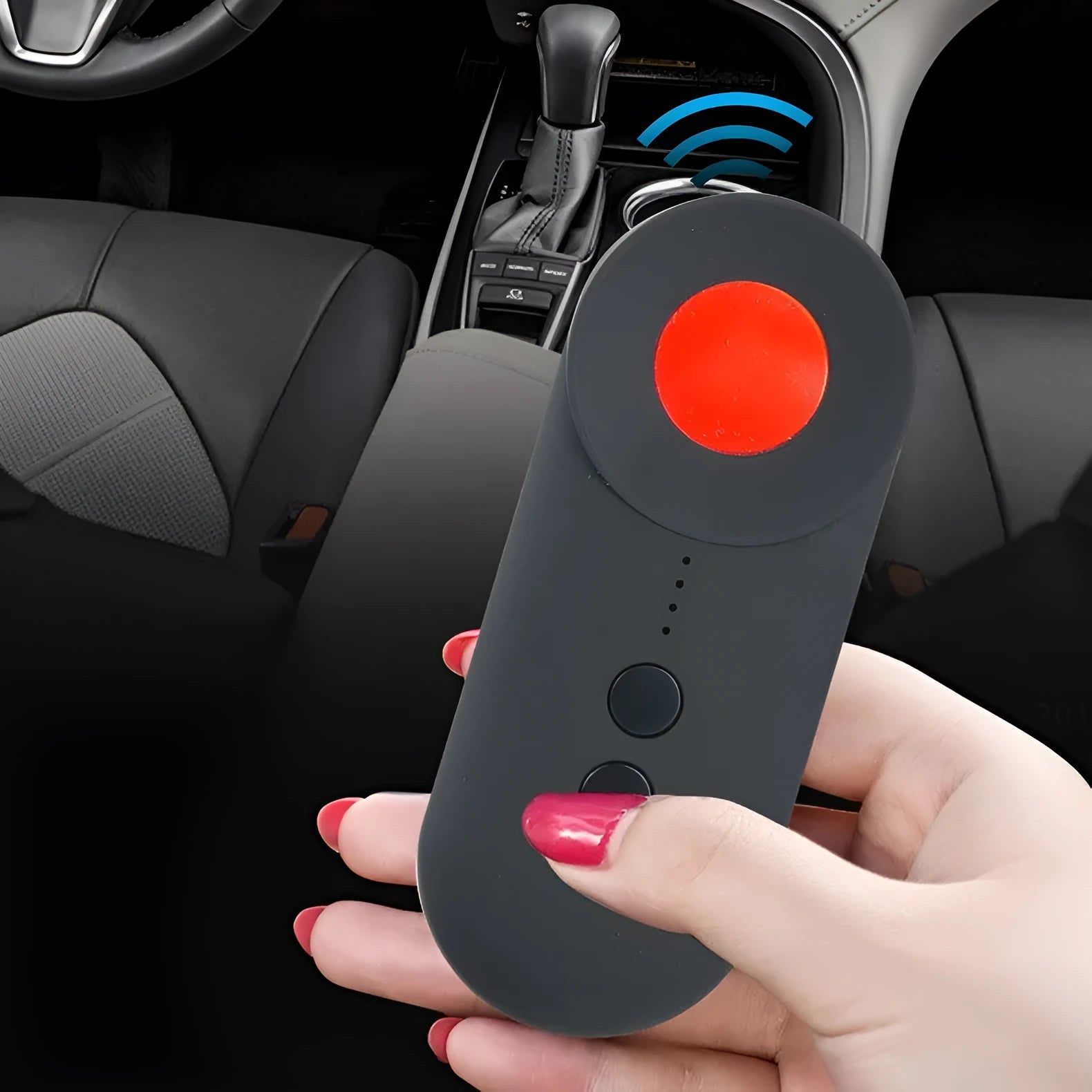 Black portable GPS detector and hidden camera finder unit on a white background