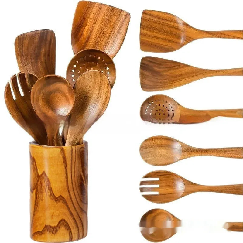 Seven-piece wooden spoon and spatula kitchen utensil set in natural wood finish